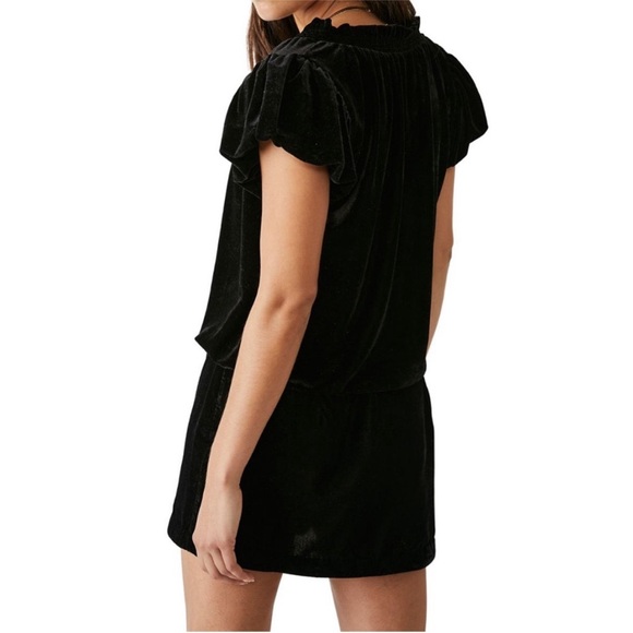 Free People Velvet Puff Sleeve Top Black Smocked V Neck Boho Chic Romantic XS - Picture 2 of 7